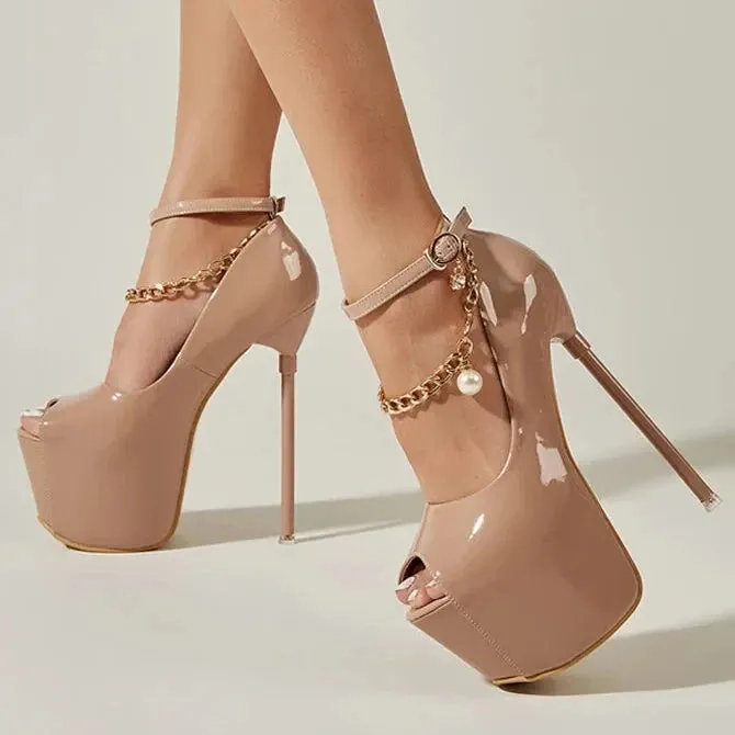 Women's Synthetic Leather Chain Ankle Strap Peep Toe High Heel Pumps