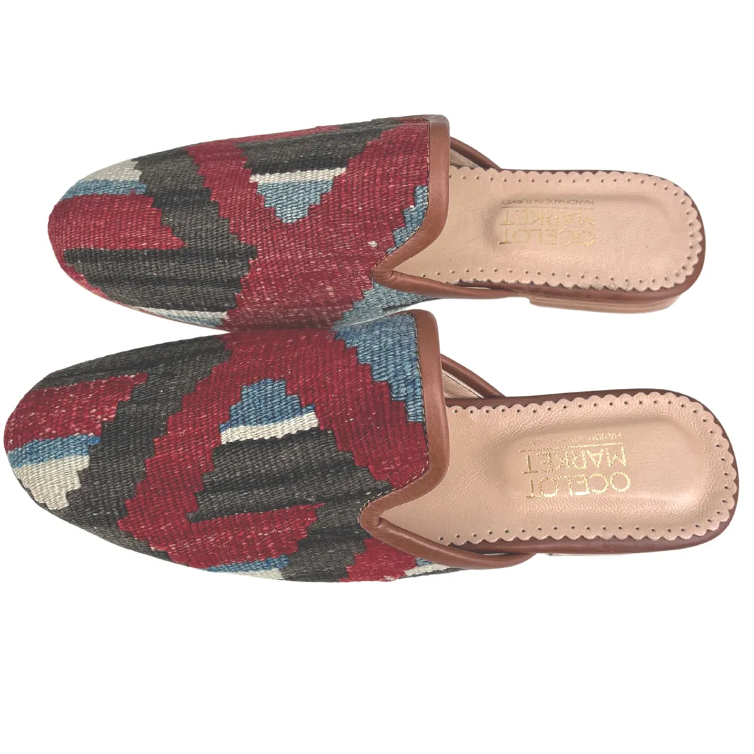 Women's Turkish Kilim Mule Red, Blue & Black