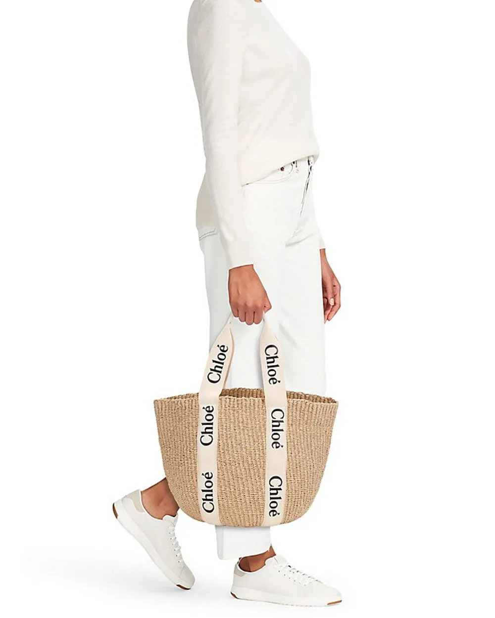 Woody Straw Woven Tote in White