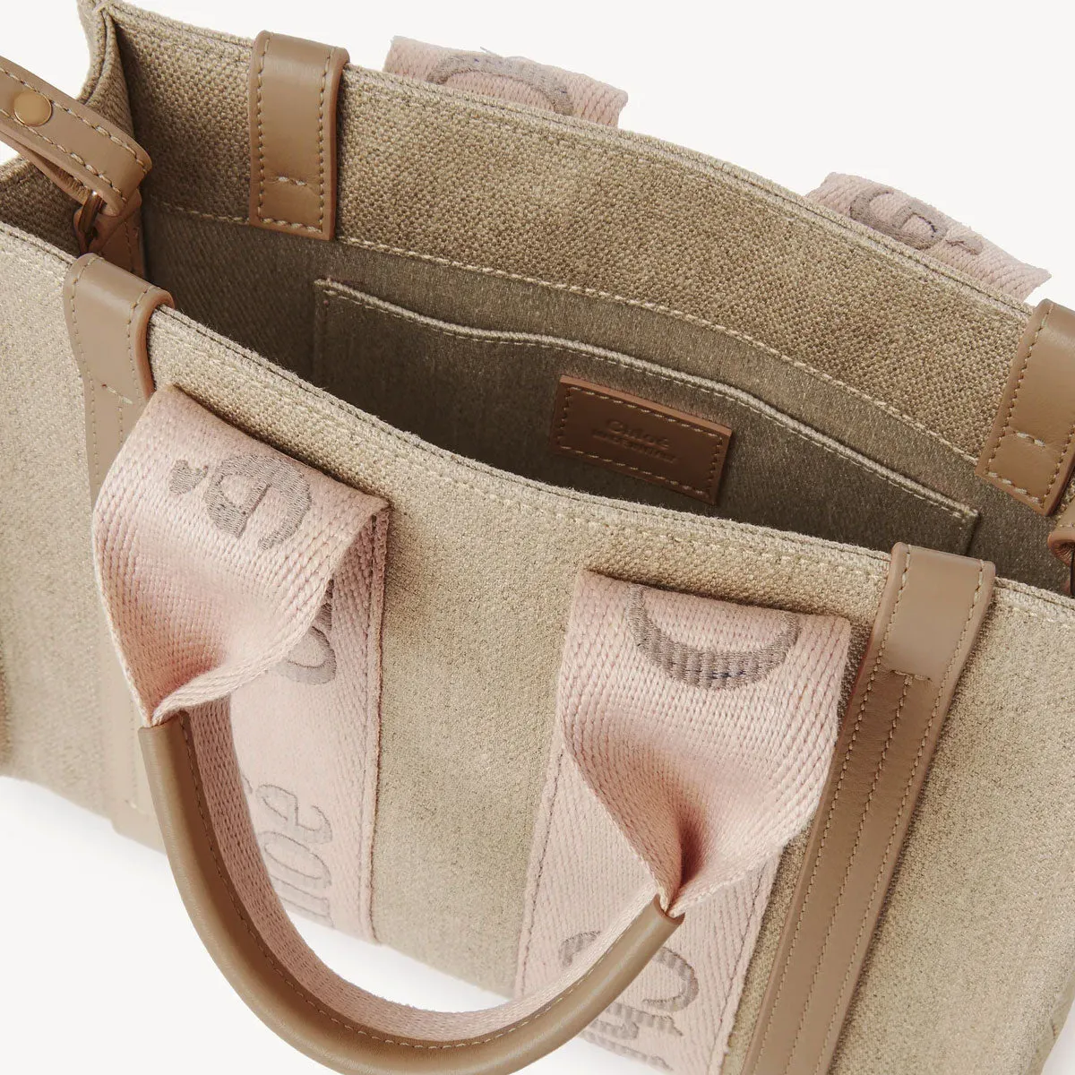 Woody Tote Small Embroidered Logo, Blush Beige