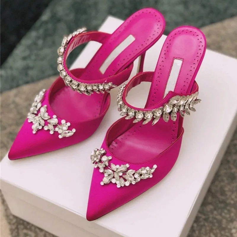 Yellow high heels satin rhinestone pointed sandals