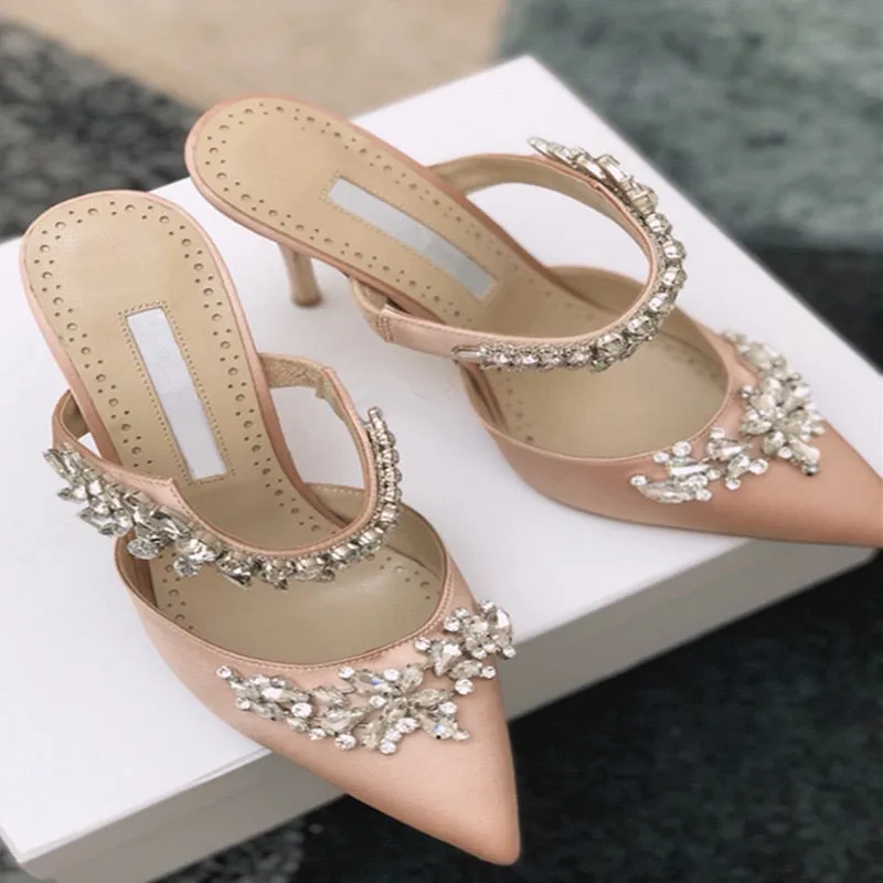 Yellow high heels satin rhinestone pointed sandals