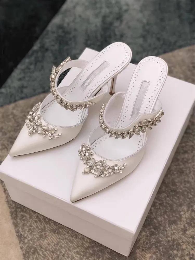 Yellow high heels satin rhinestone pointed sandals