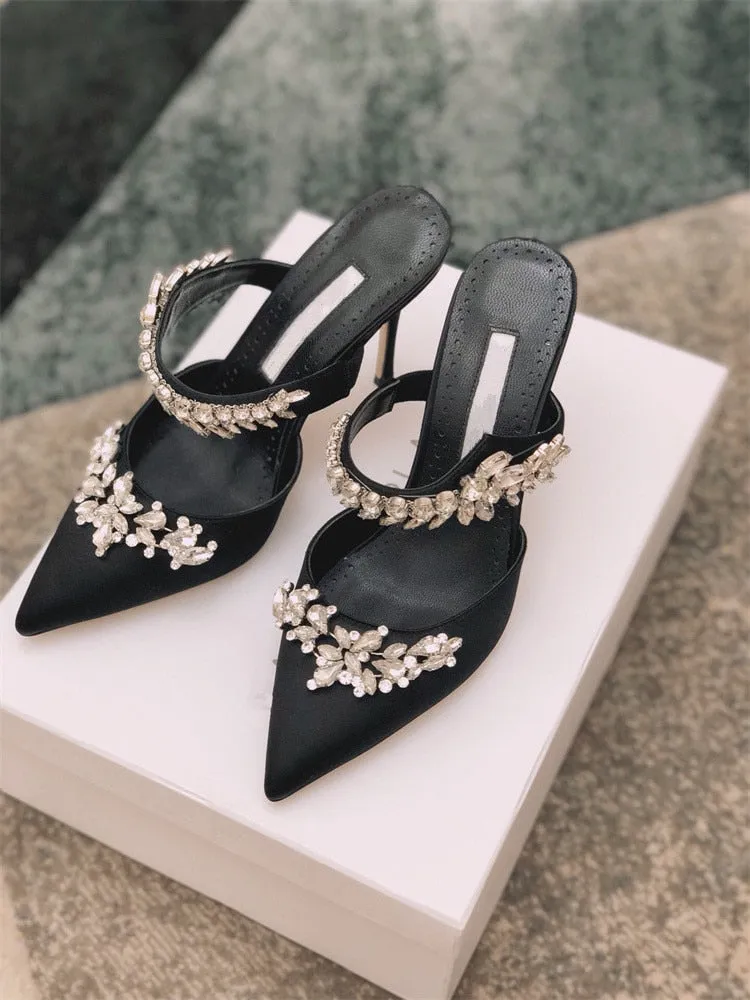 Yellow high heels satin rhinestone pointed sandals